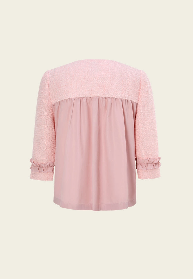 Ruffle-detail Crystal-button Tweed Jacket Pink
