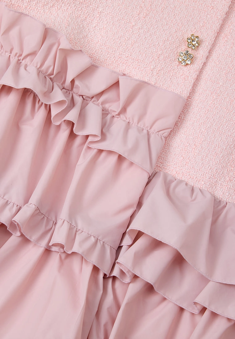 Ruffle-detail Crystal-button Tweed Jacket Pink