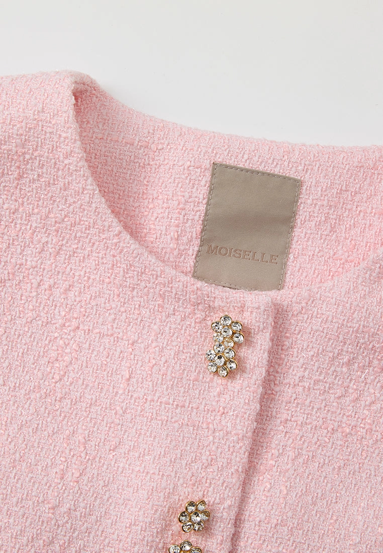 Ruffle-detail Crystal-button Tweed Jacket Pink