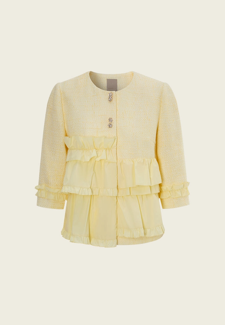 Ruffle-detail Crystal-button Tweed Jacket Yellow