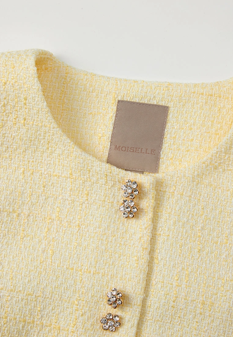 Ruffle-detail Crystal-button Tweed Jacket Yellow