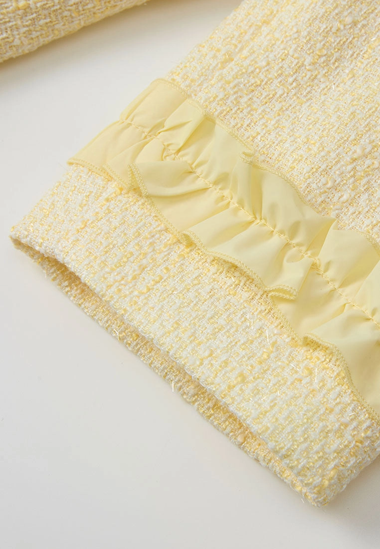 Ruffle-detail Crystal-button Tweed Jacket Yellow