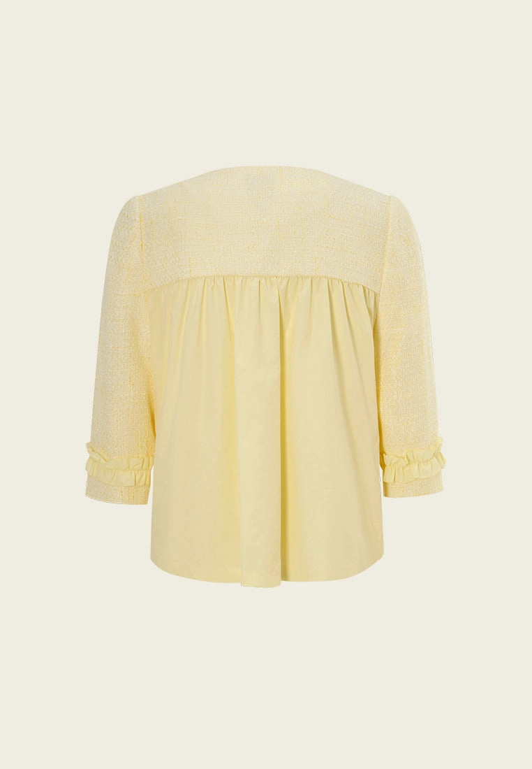 Ruffle-detail Crystal-button Tweed Jacket Yellow