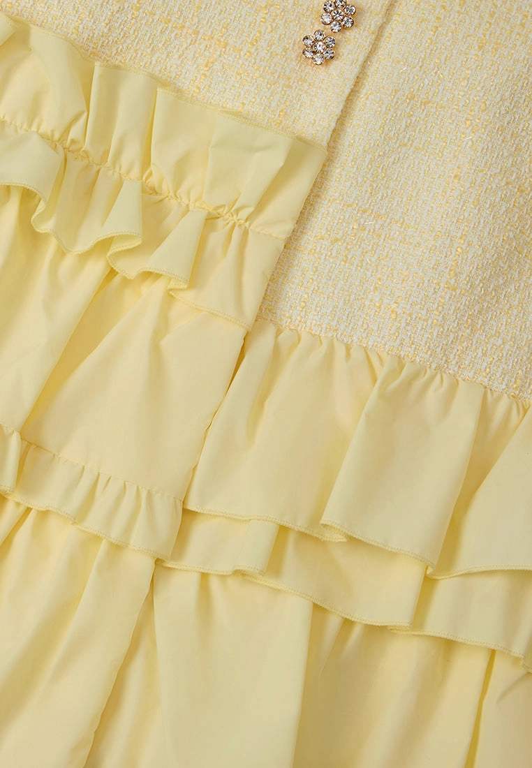 Ruffle-detail Crystal-button Tweed Jacket Yellow