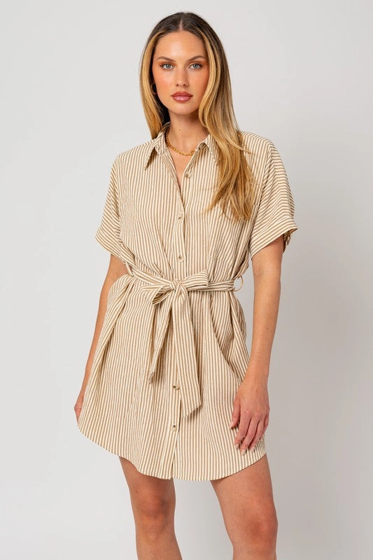 Sandstone Harbor Stripe Shirt Mini Dress