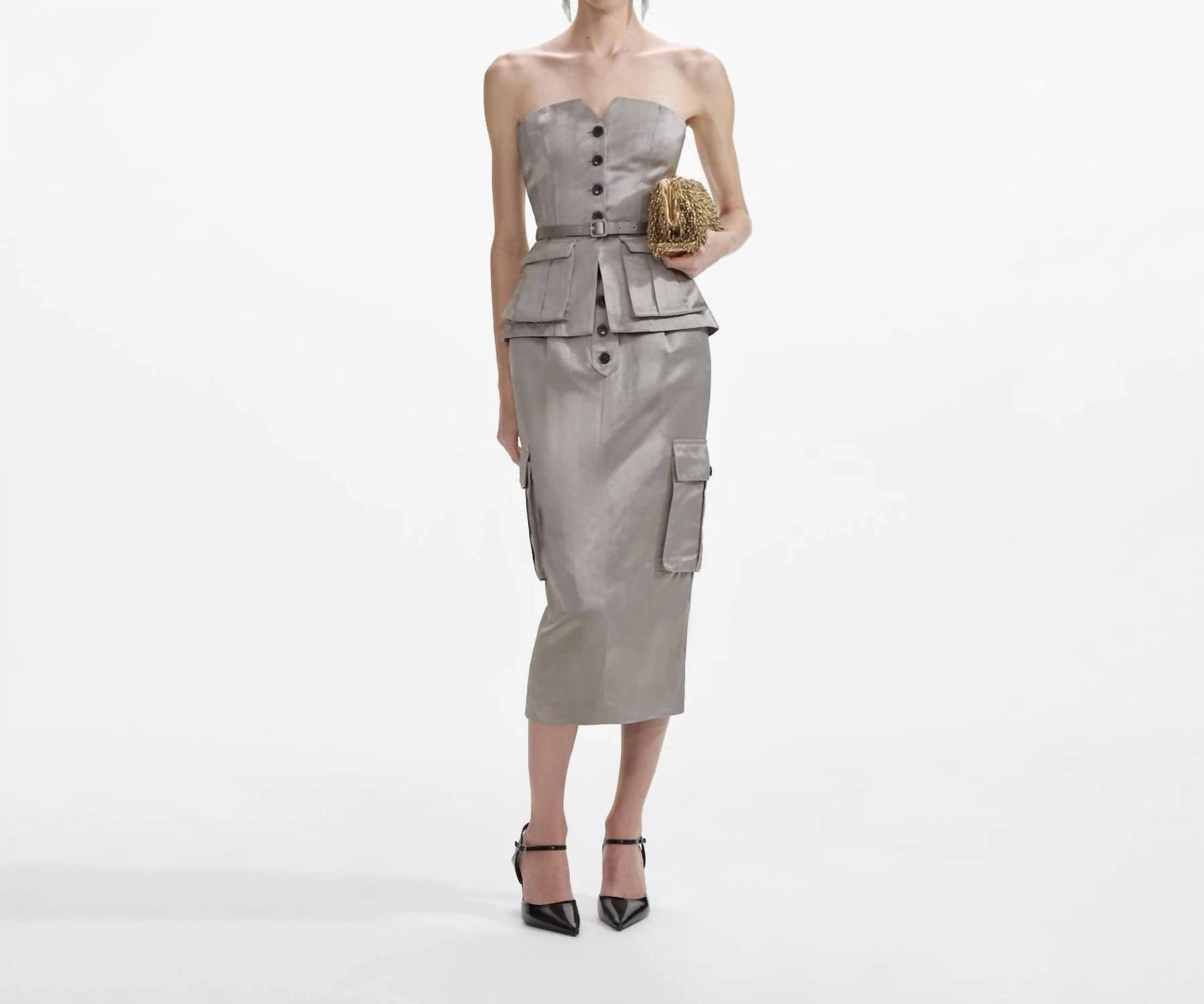 Satin Cargo Midi Skirt Taupe In Beige