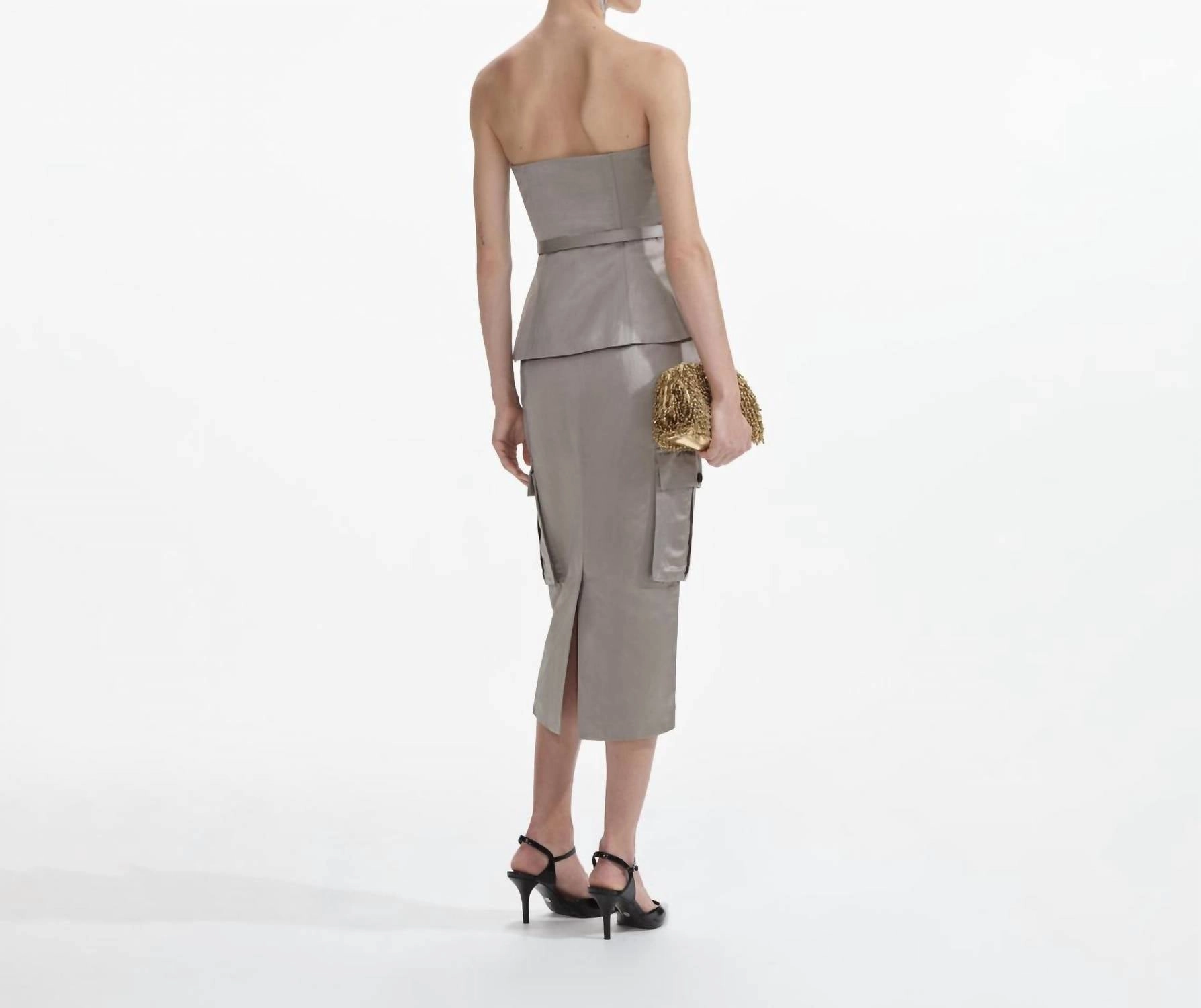 Satin Cargo Midi Skirt Taupe In Beige