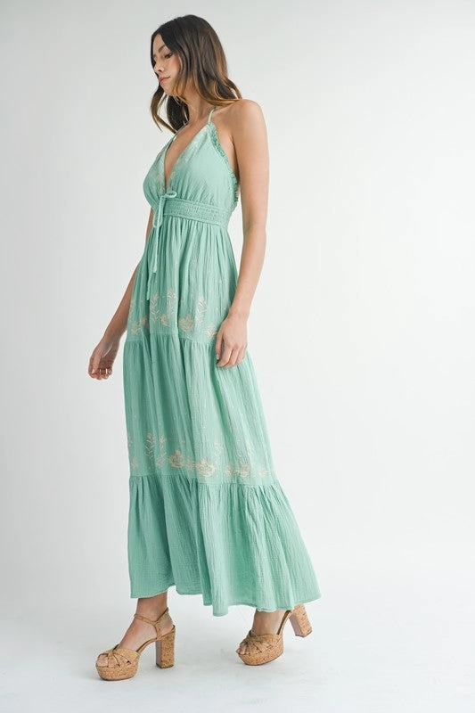 Seagreen Gauze Floral Embroidered Maxi Dress