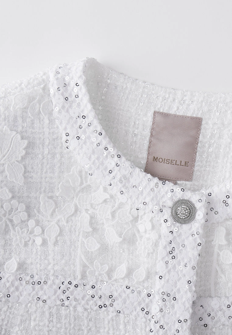 Sequin & Lace Detail Tweed Maxi Coat