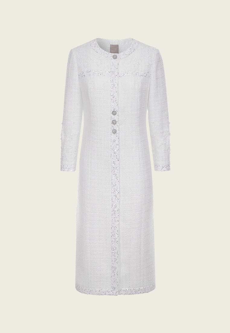 Sequin & Lace Detail Tweed Maxi Coat