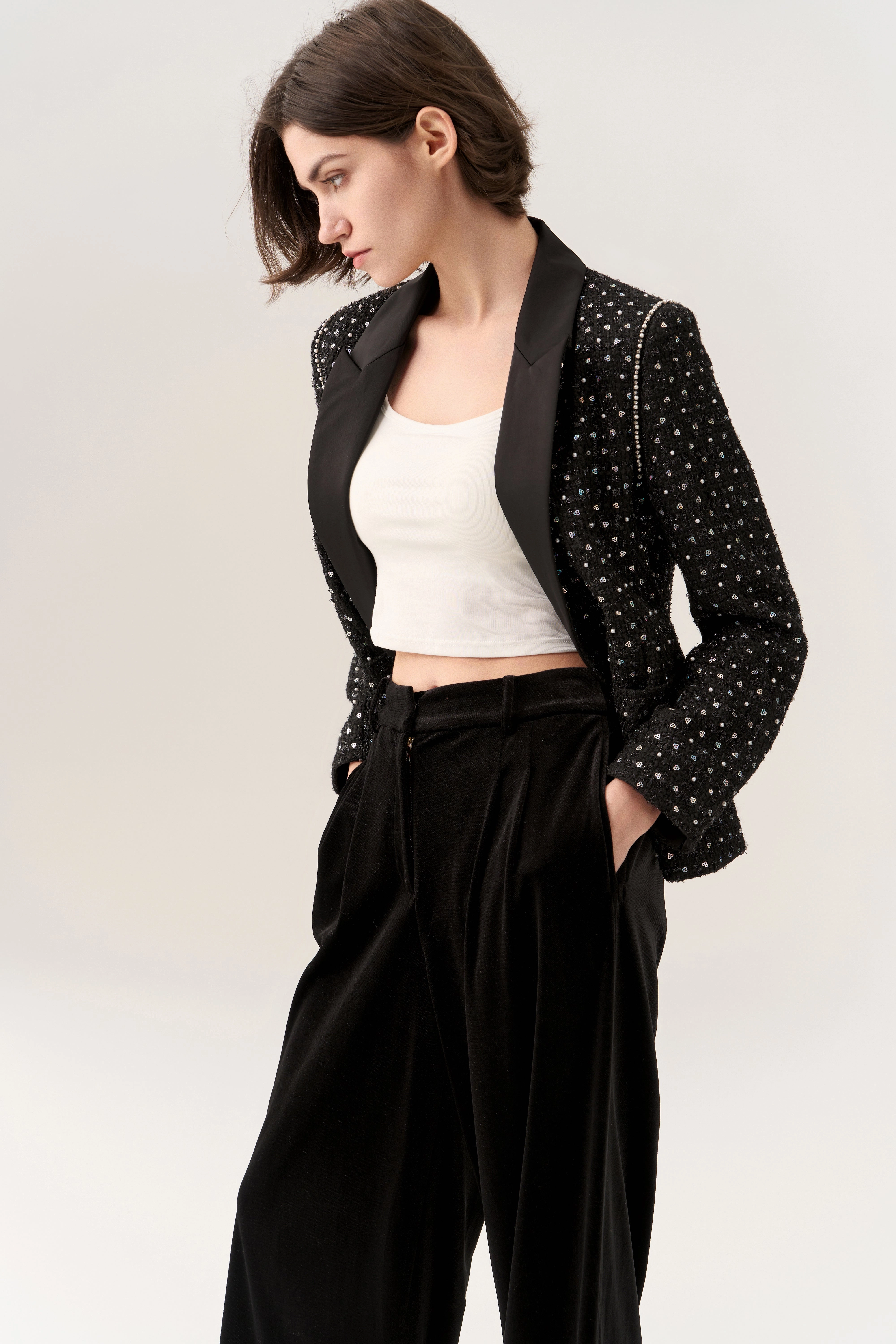 Sequin-and-pearl Embellished Peak Lapel Jacket