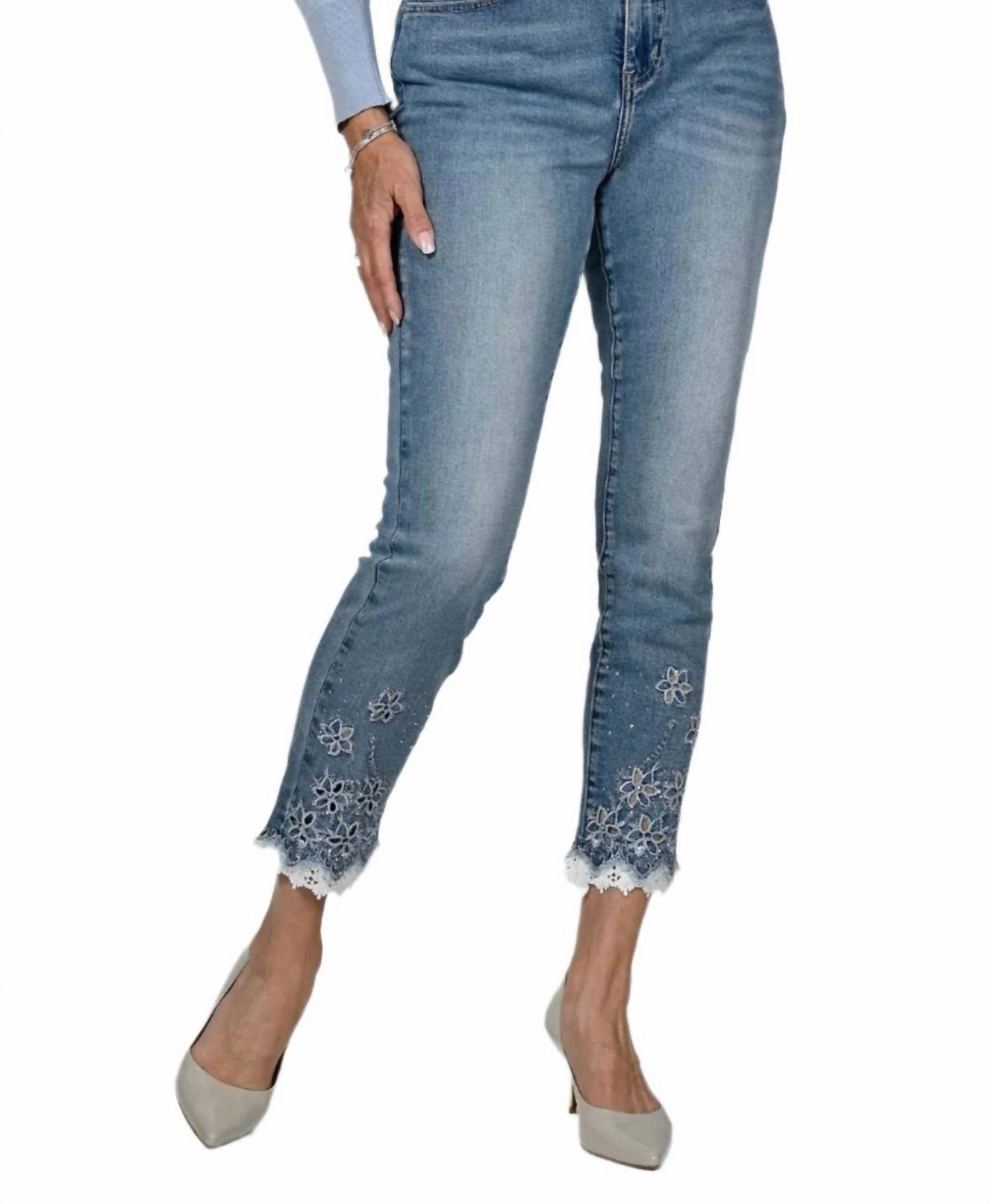 Sequin Detail Cropped Jeans In Denim