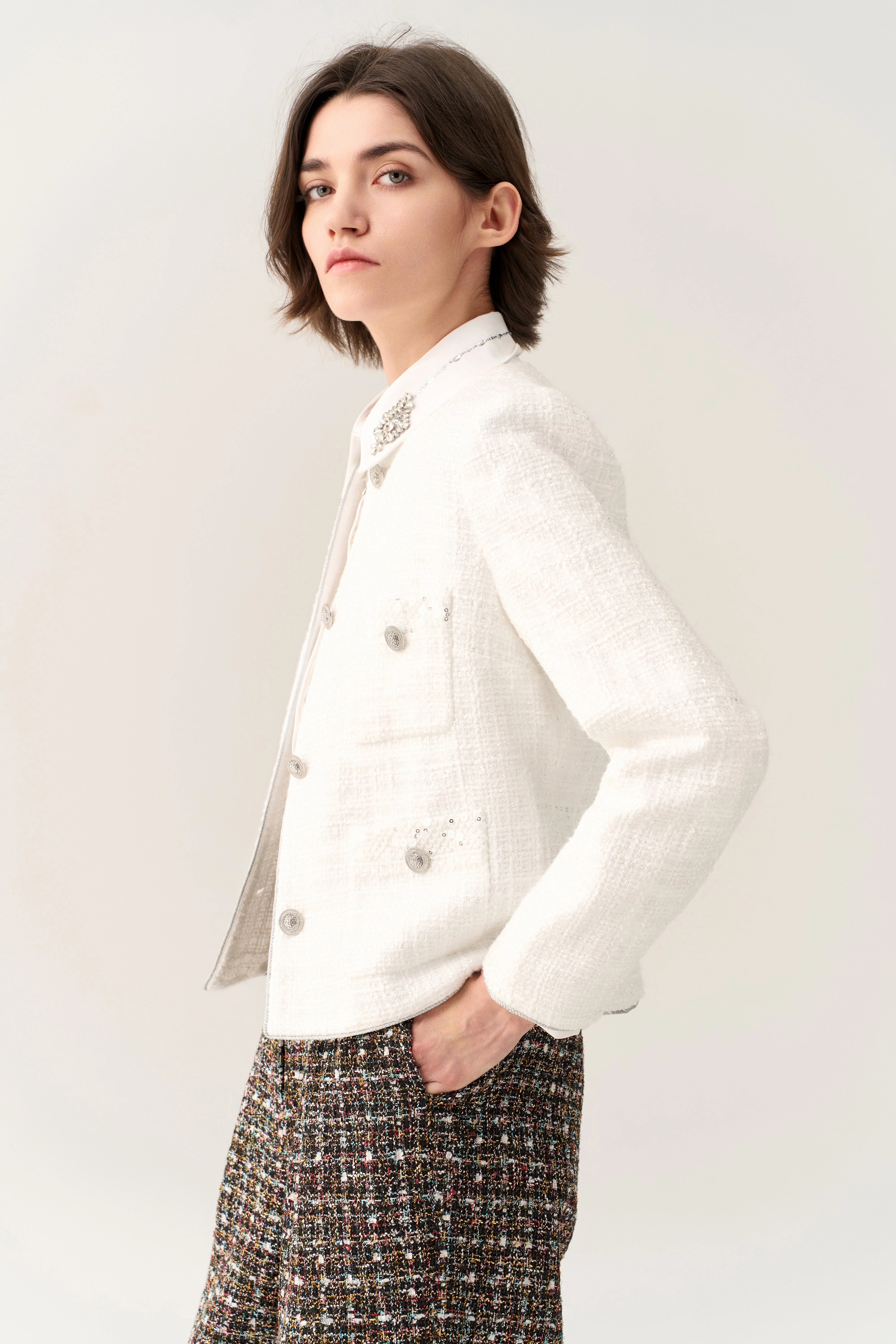 Sequin Detail Patch-pocket Tweed Jacket