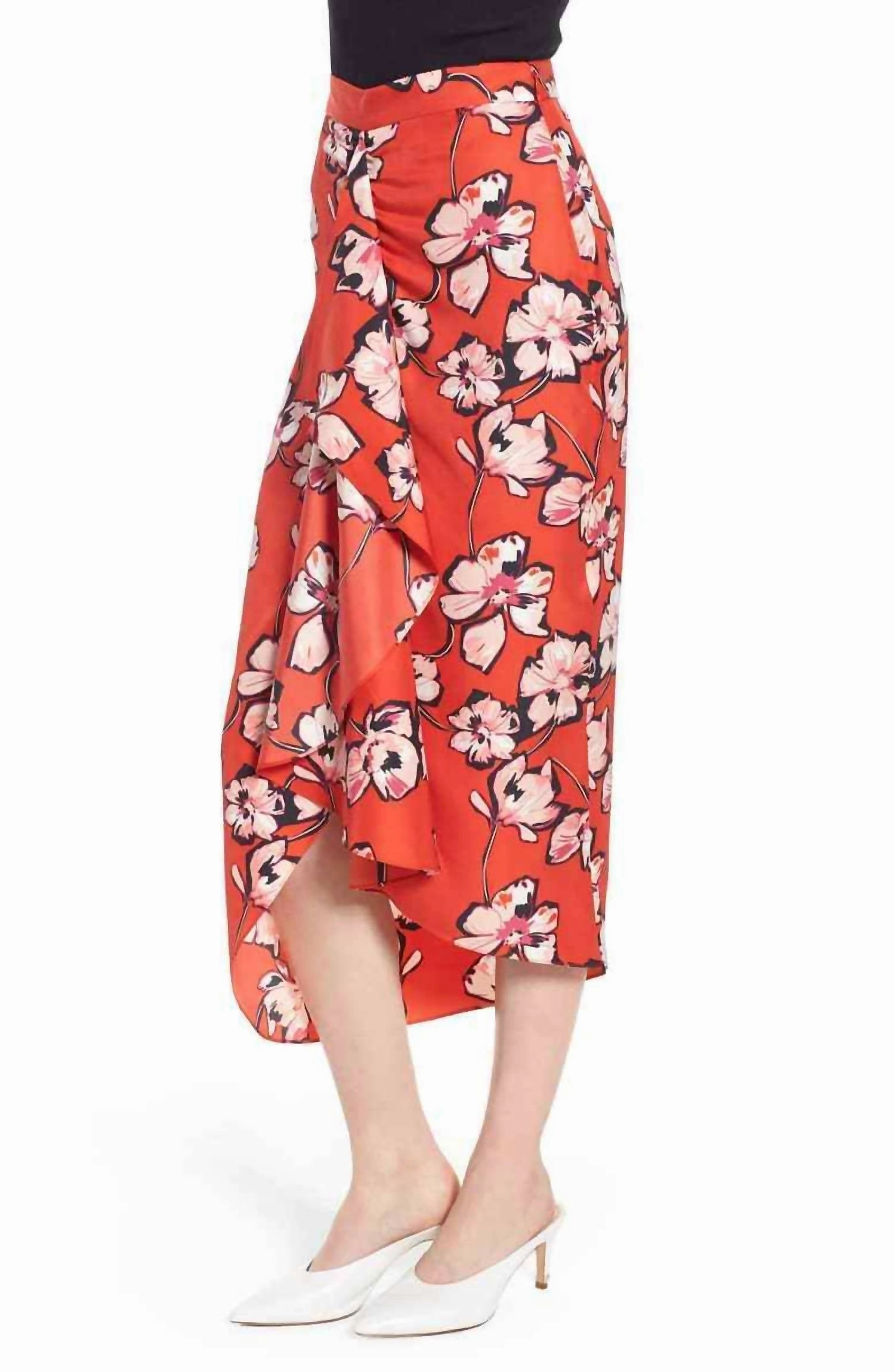 Silk Floral Print Ruffle Front Hawaiian Skirt In Red
