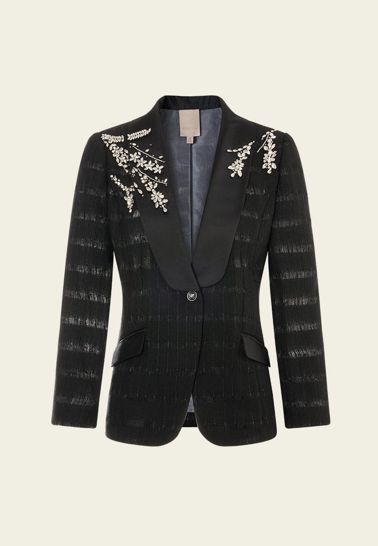 Single-breasted Crystal-embellished Stripped Tweed Jacket