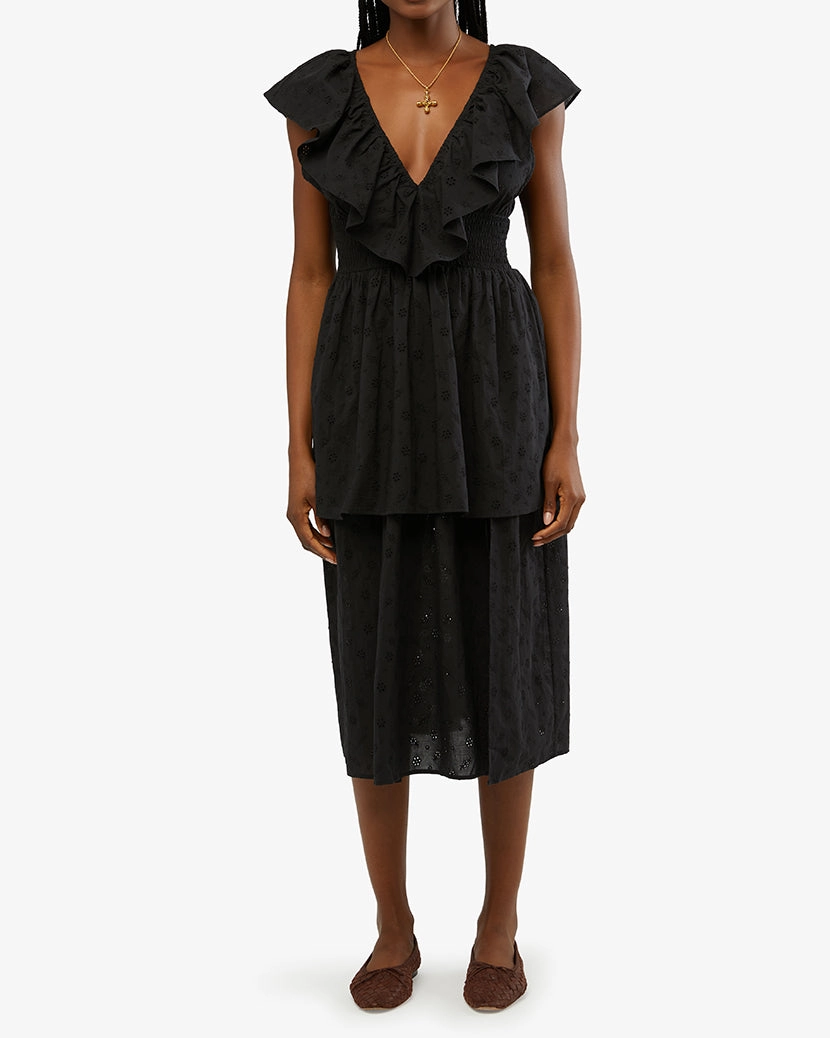 Slit Front Eyelet Ruffle Midi