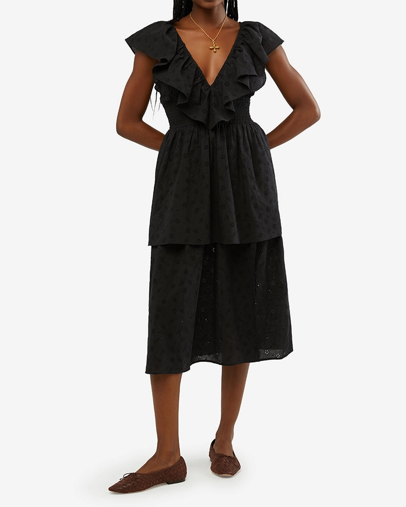 Slit Front Eyelet Ruffle Midi