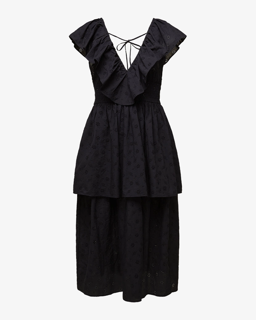 Slit Front Eyelet Ruffle Midi