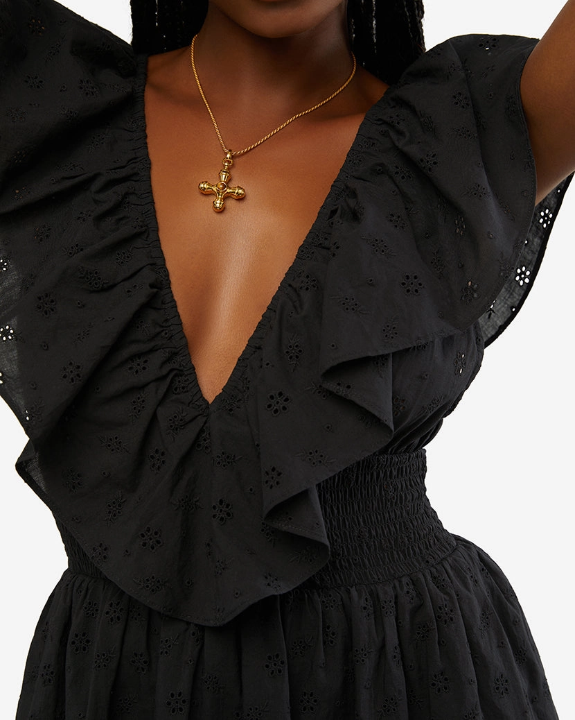 Slit Front Eyelet Ruffle Midi
