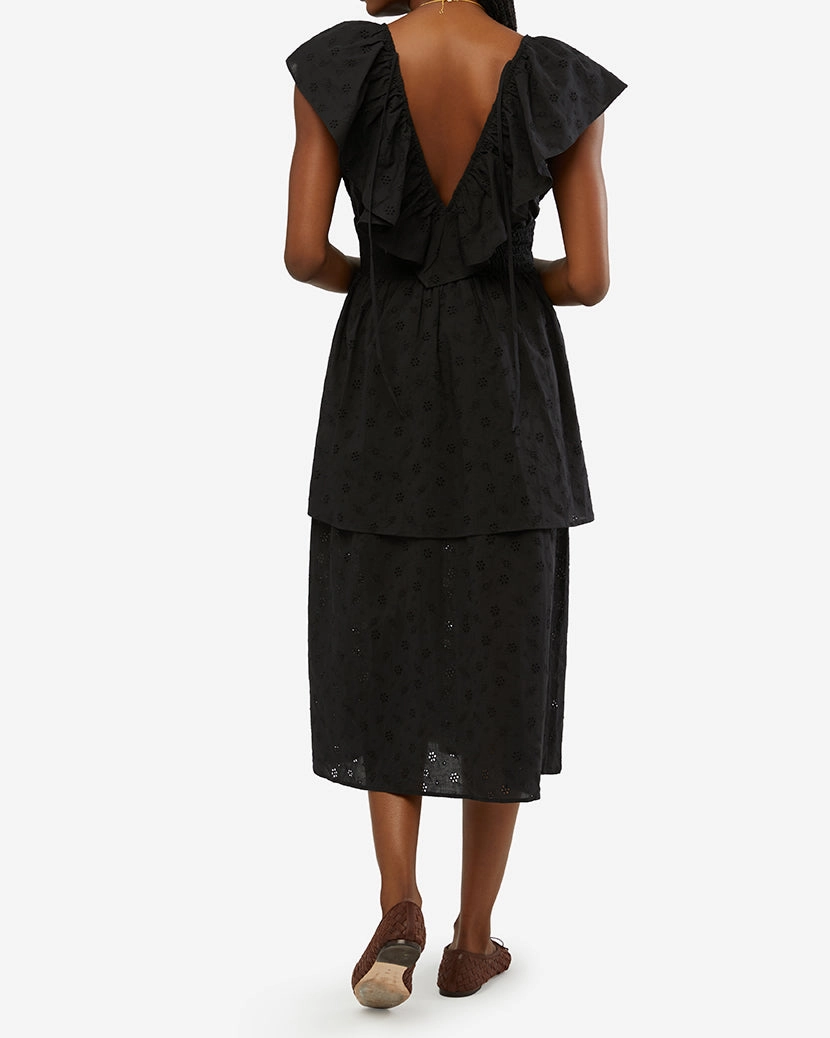 Slit Front Eyelet Ruffle Midi