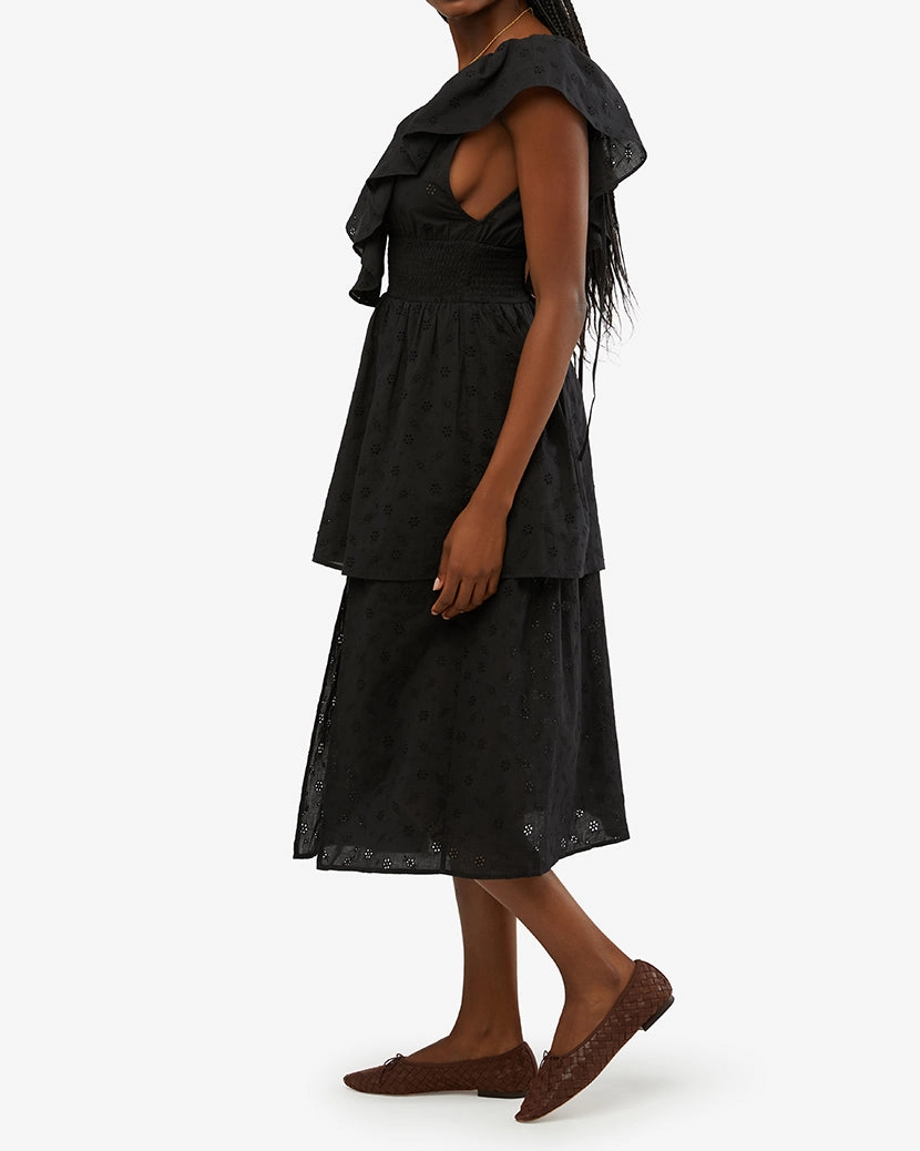 Slit Front Eyelet Ruffle Midi