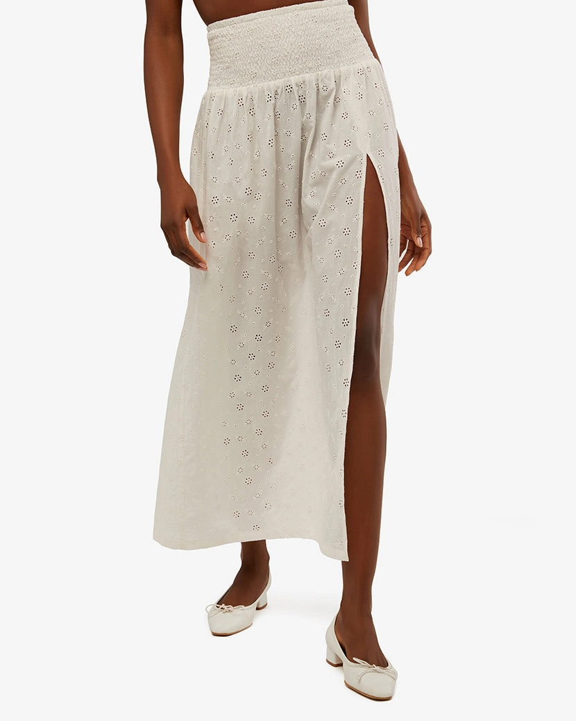 Smocked Slit Eyelet Maxi Skirt