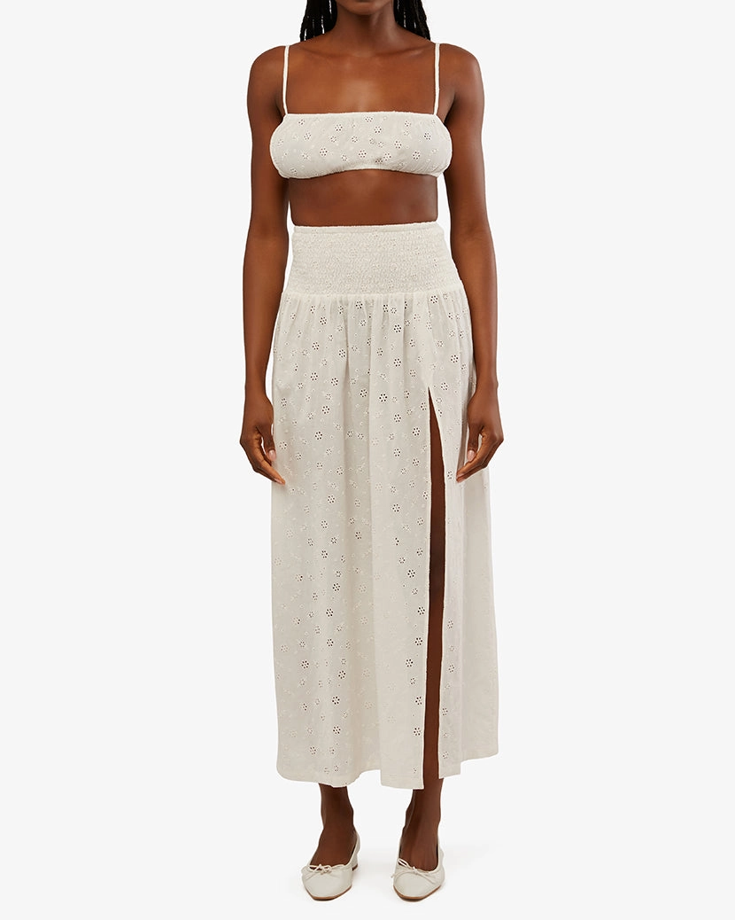 Smocked Slit Eyelet Maxi Skirt
