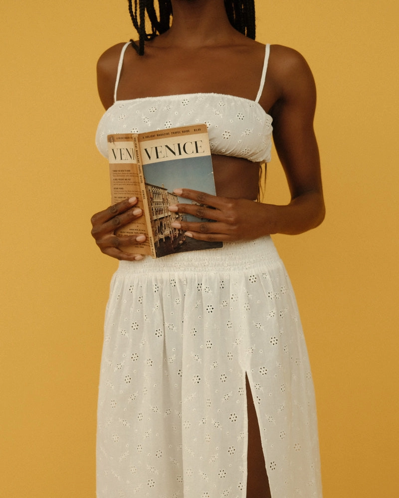 Smocked Slit Eyelet Maxi Skirt