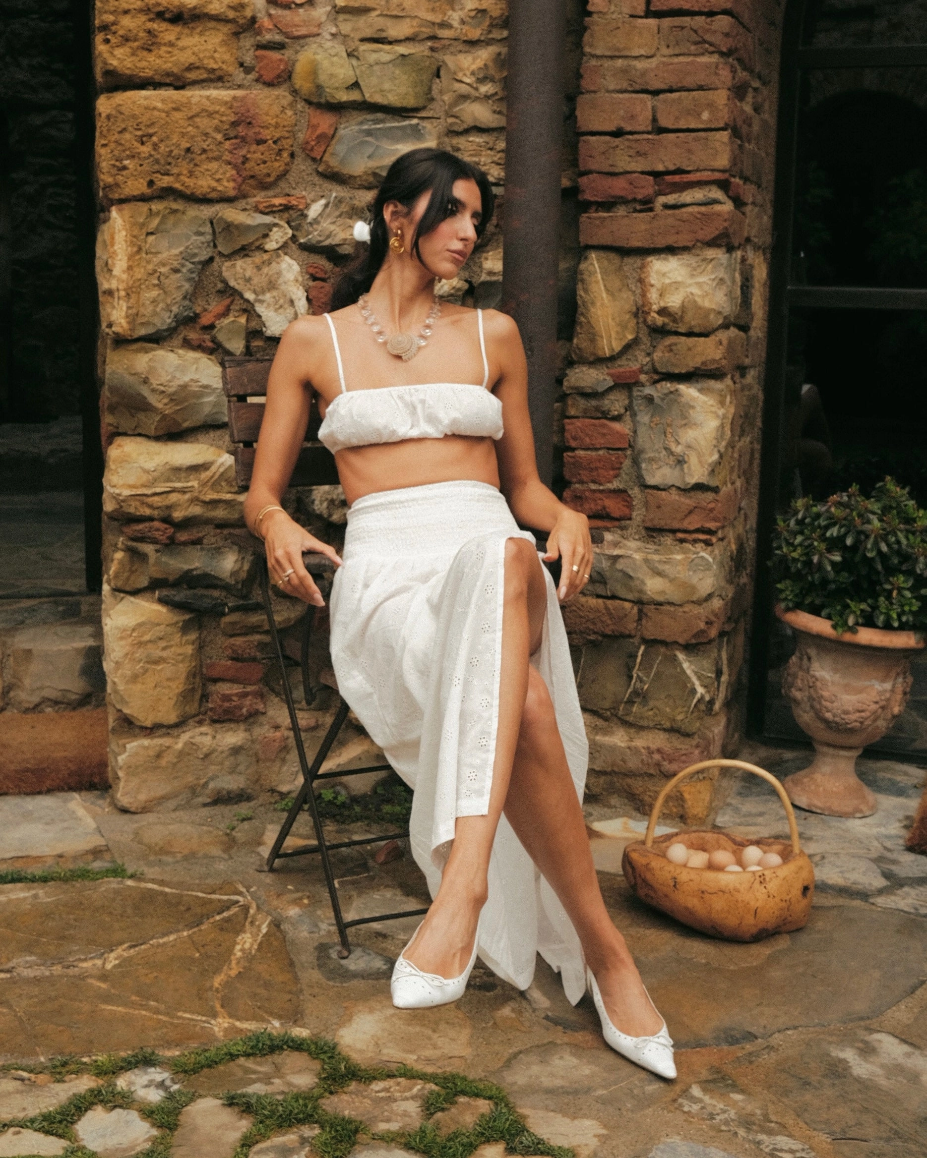 Smocked Slit Eyelet Maxi Skirt