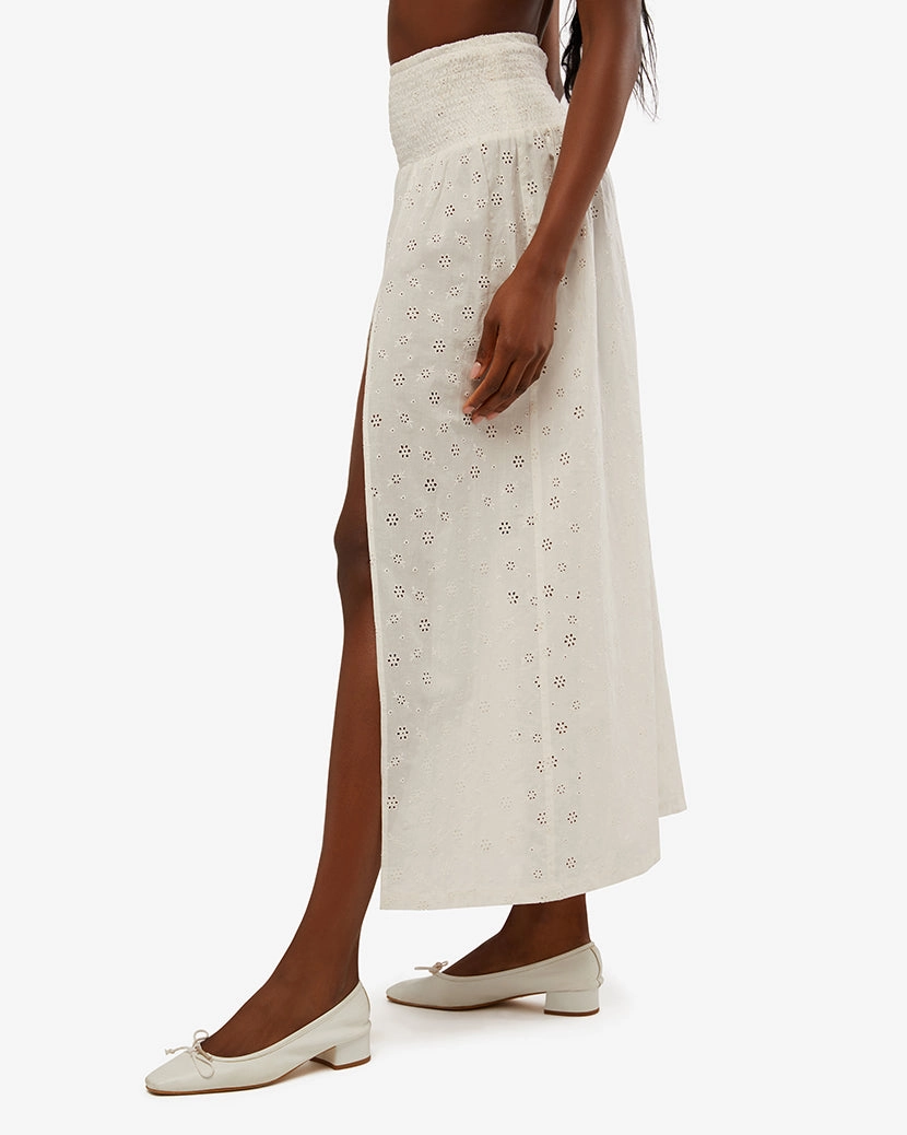 Smocked Slit Eyelet Maxi Skirt
