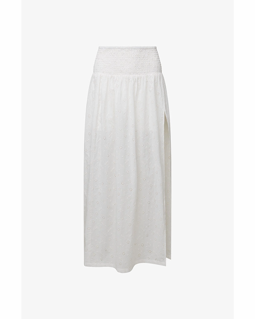 Smocked Slit Eyelet Maxi Skirt
