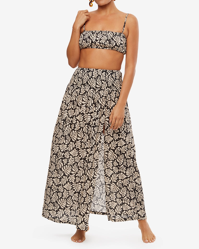 Smocked Slit Safari Leaves Maxi Skirt