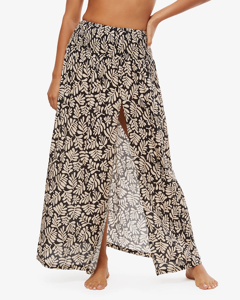 Smocked Slit Safari Leaves Maxi Skirt