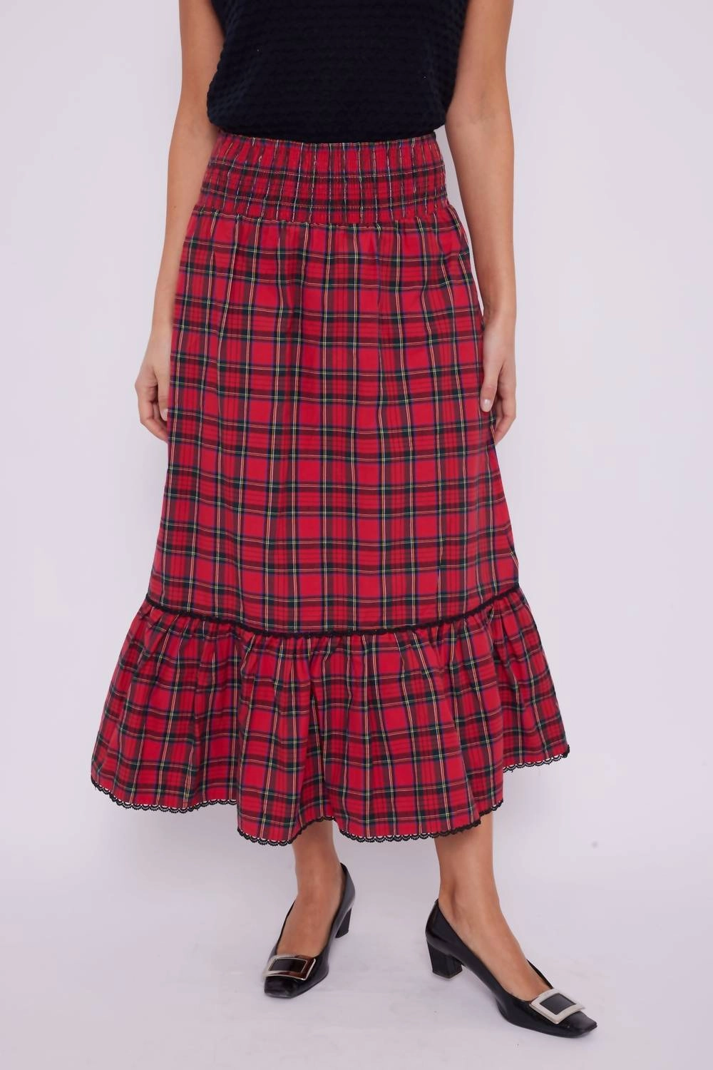 Smocked Waist Skirt In Red Tartan