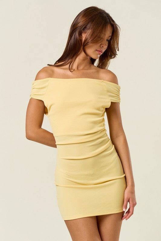 Sofia Ruched Off Shoulder Mini Dress