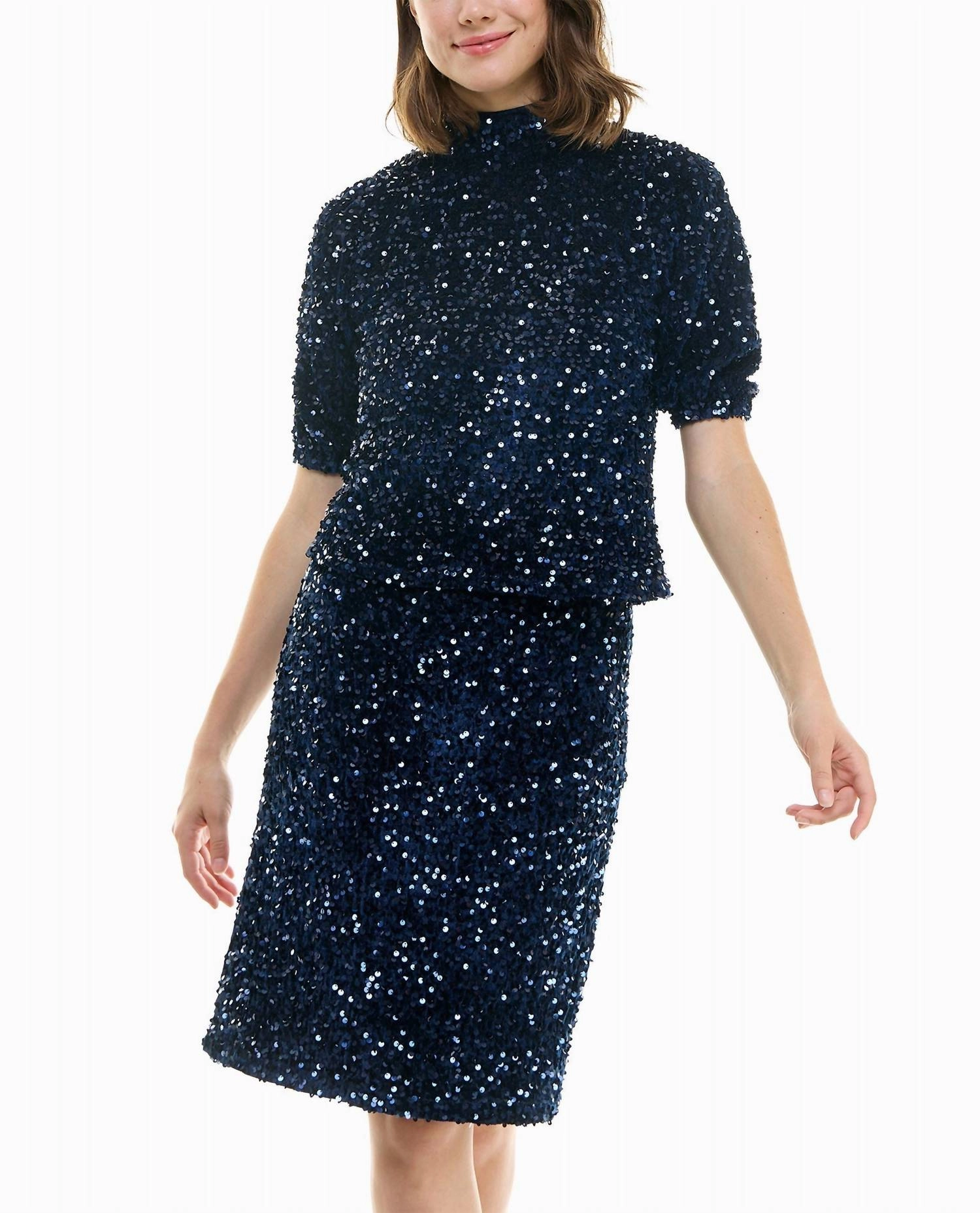 Sophia Velvet Sequin Knee Length Skirt In Navy