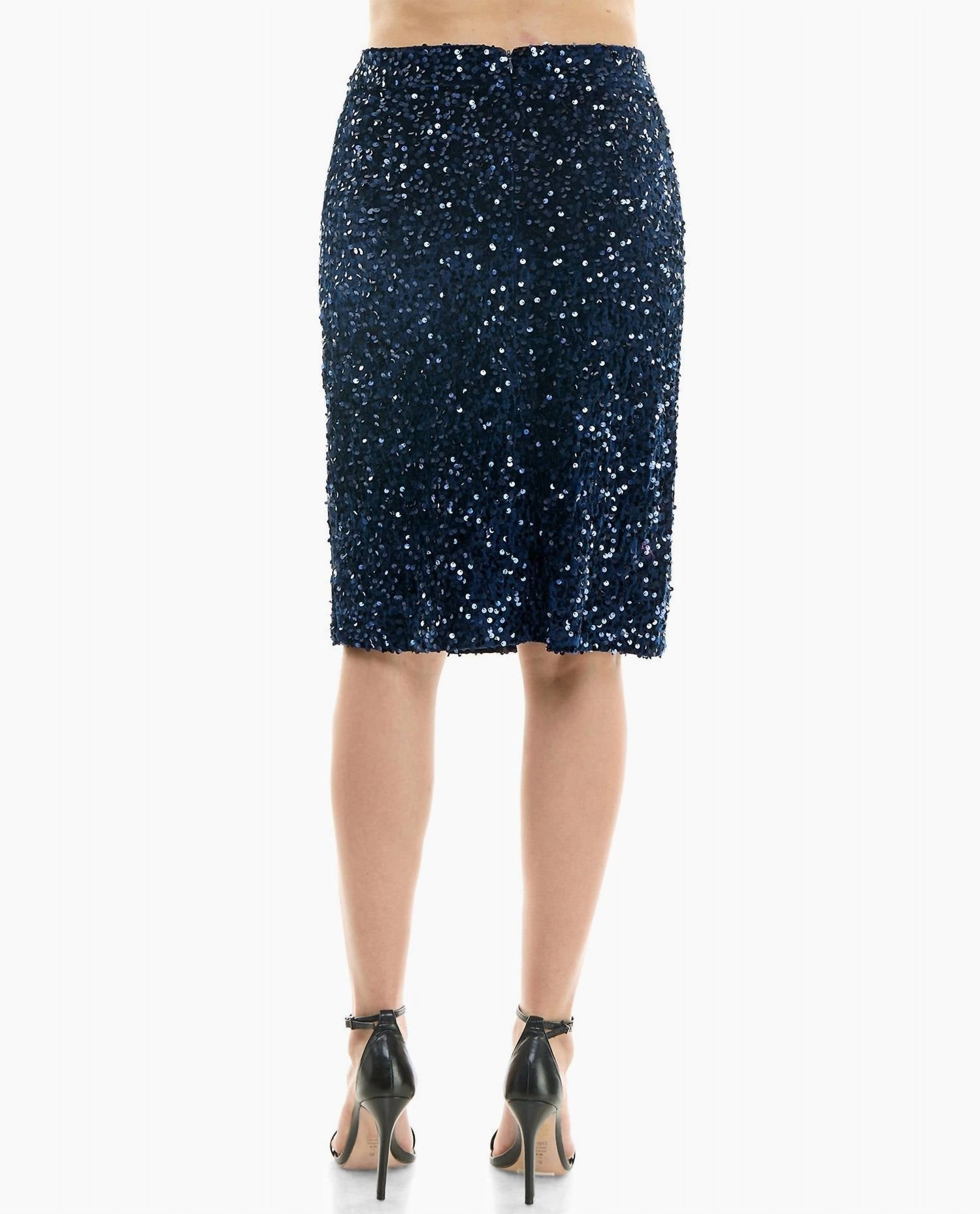 Sophia Velvet Sequin Knee Length Skirt In Navy