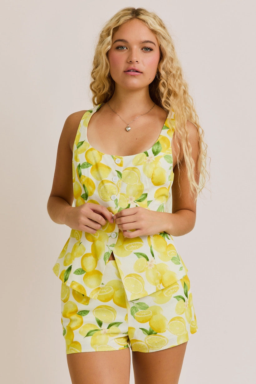 Sorrento Lemon Linen Button Down Top