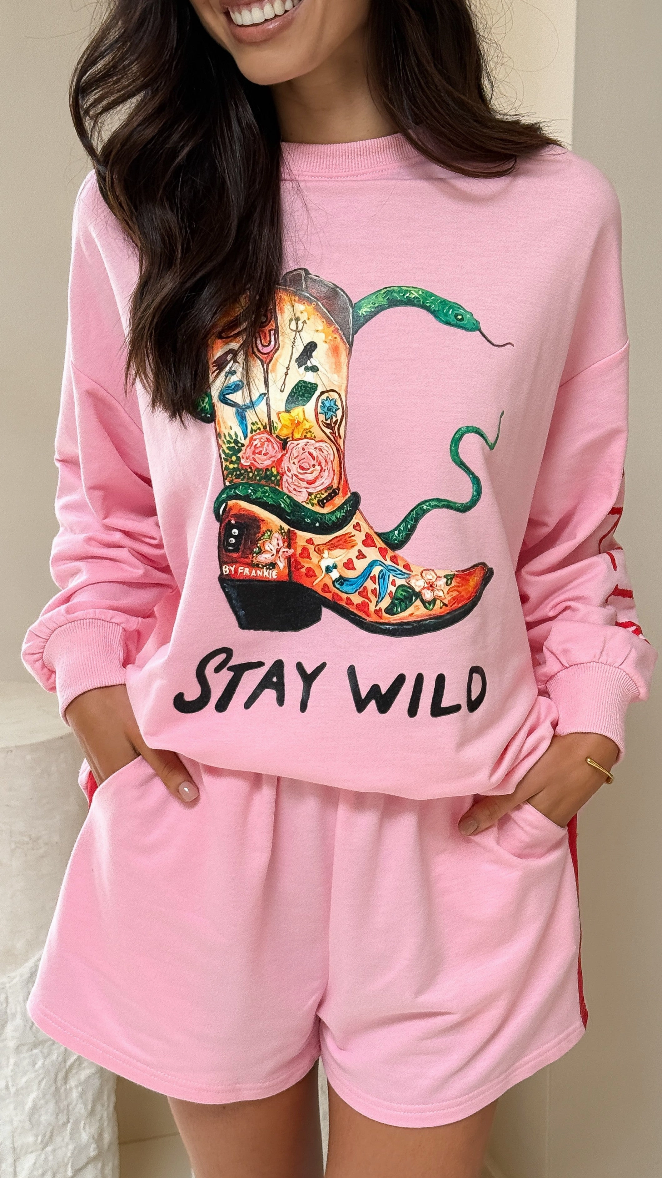 Stay Wild Long Sleeve Top and Shorts Set - Pink