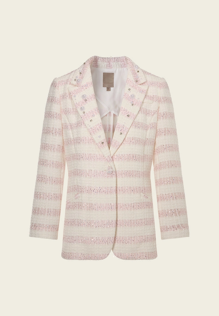 Stripped Shawl-lapel Slit-pocket Tweed Jacket