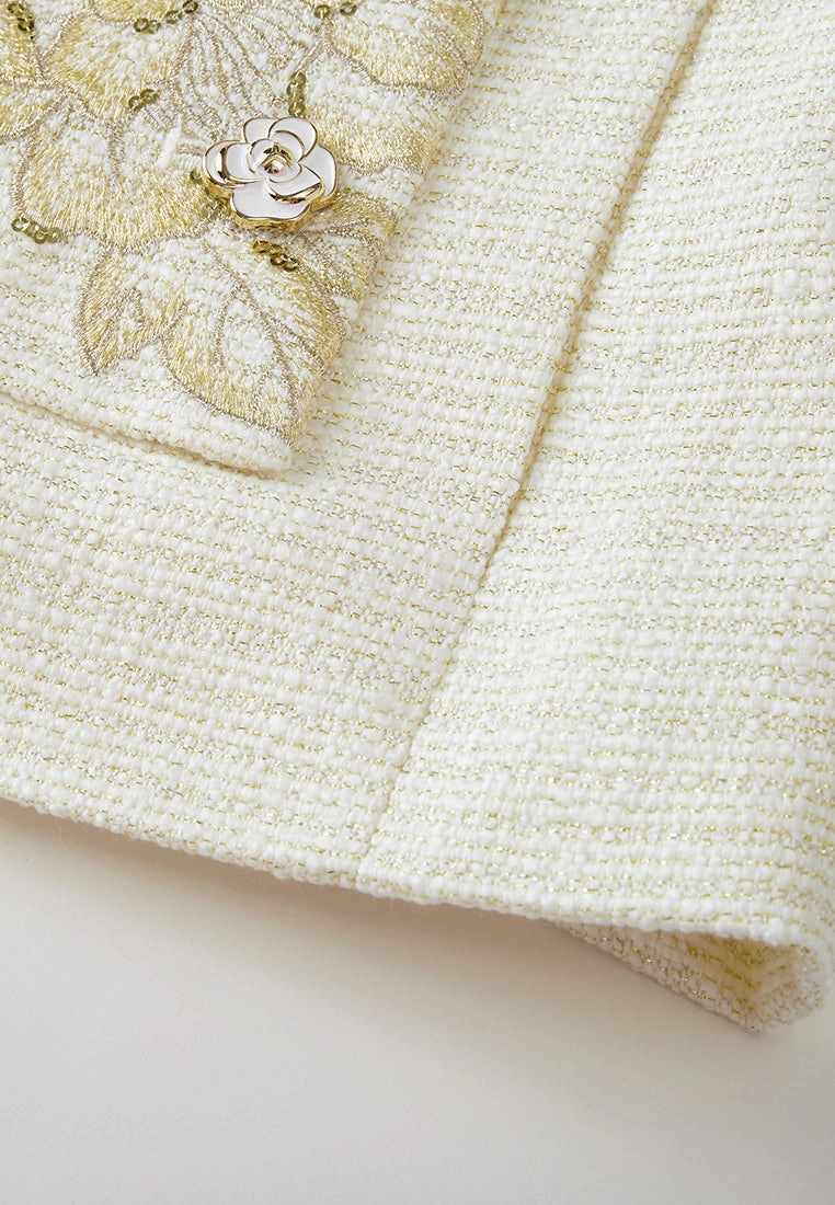 Stripped Stand-collar Floral-embroidery Lurex-detail Tweed Jacket