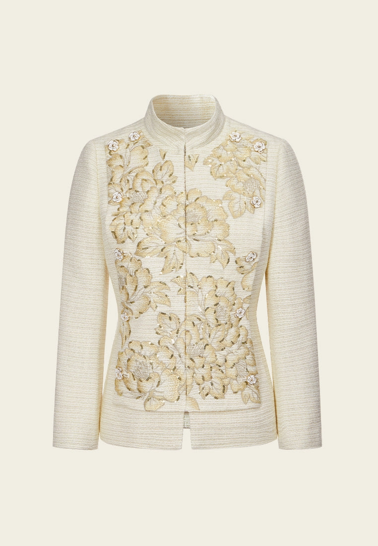 Stripped Stand-collar Floral-embroidery Lurex-detail Tweed Jacket