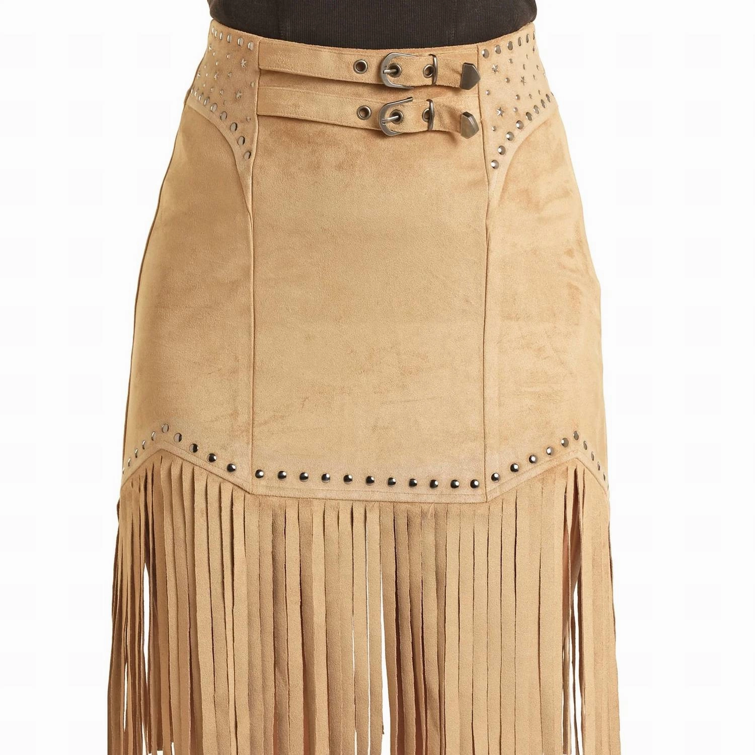 Studded Fringe Skirt With Side Zip In Camel
