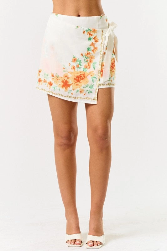 Sunlit Oasis Floral Wrap Mini Skirt