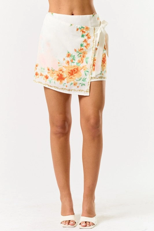 Sunlit Oasis Floral Wrap Mini Skirt