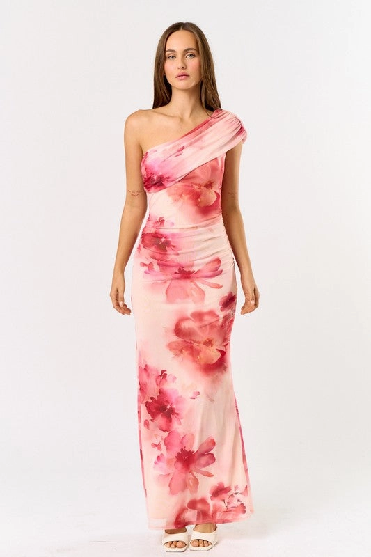 Sunset Bloom One-Shoulder Maxi Dress