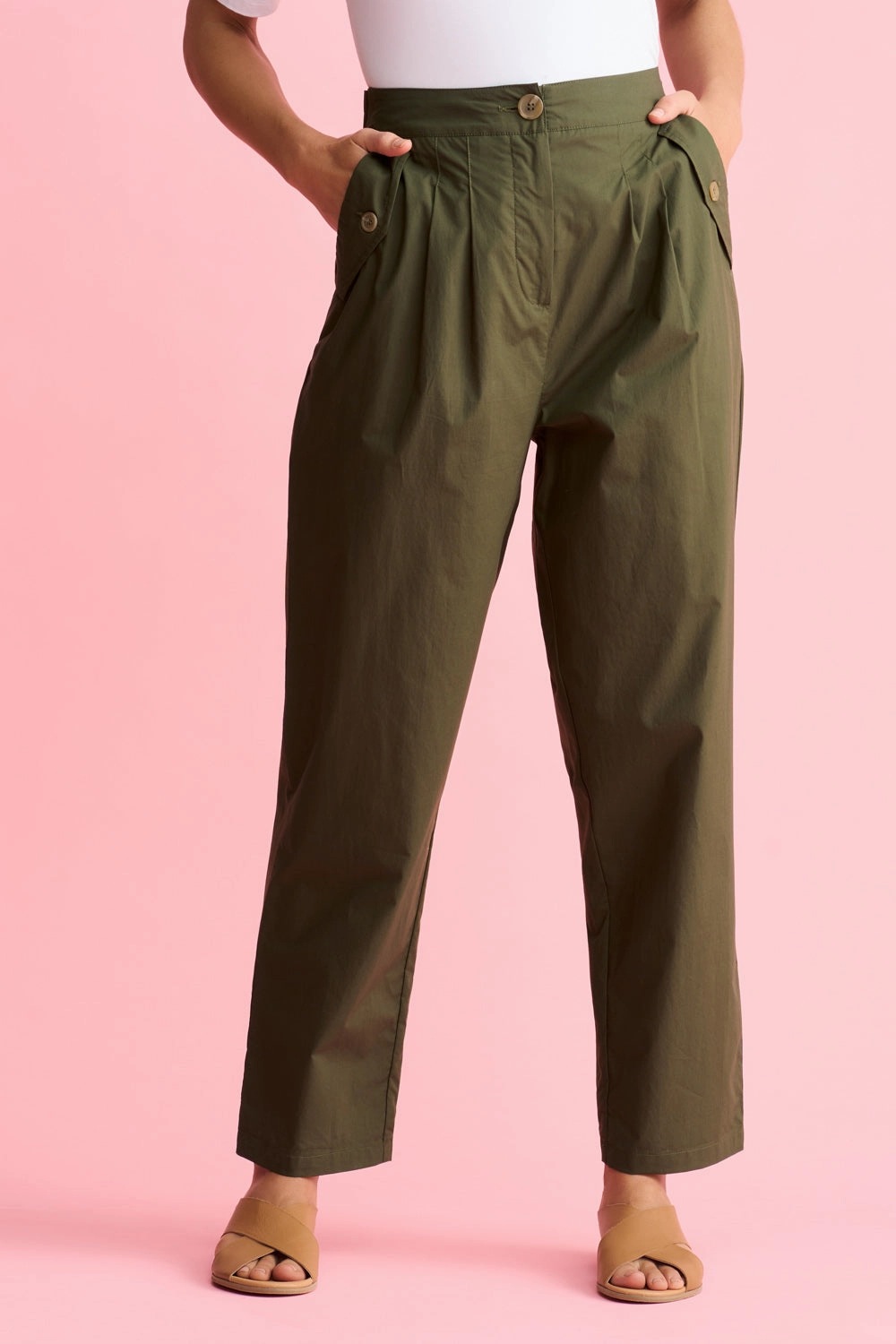 Tab Detail Cotton Pant - Dark Green