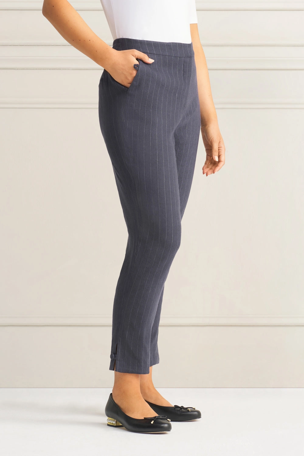 Tab Detail Linen Pant - Charcoal Pinstripe