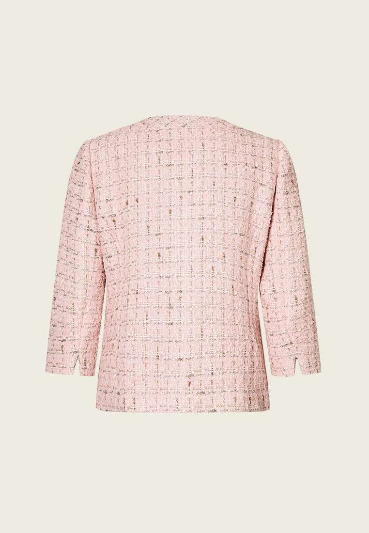 Three-quarter Sleeves Checked Pocketed Tweed Jacket