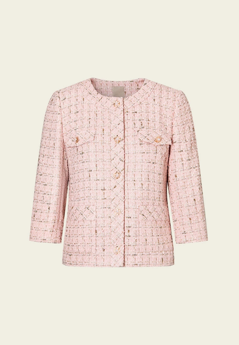 Three-quarter Sleeves Checked Pocketed Tweed Jacket